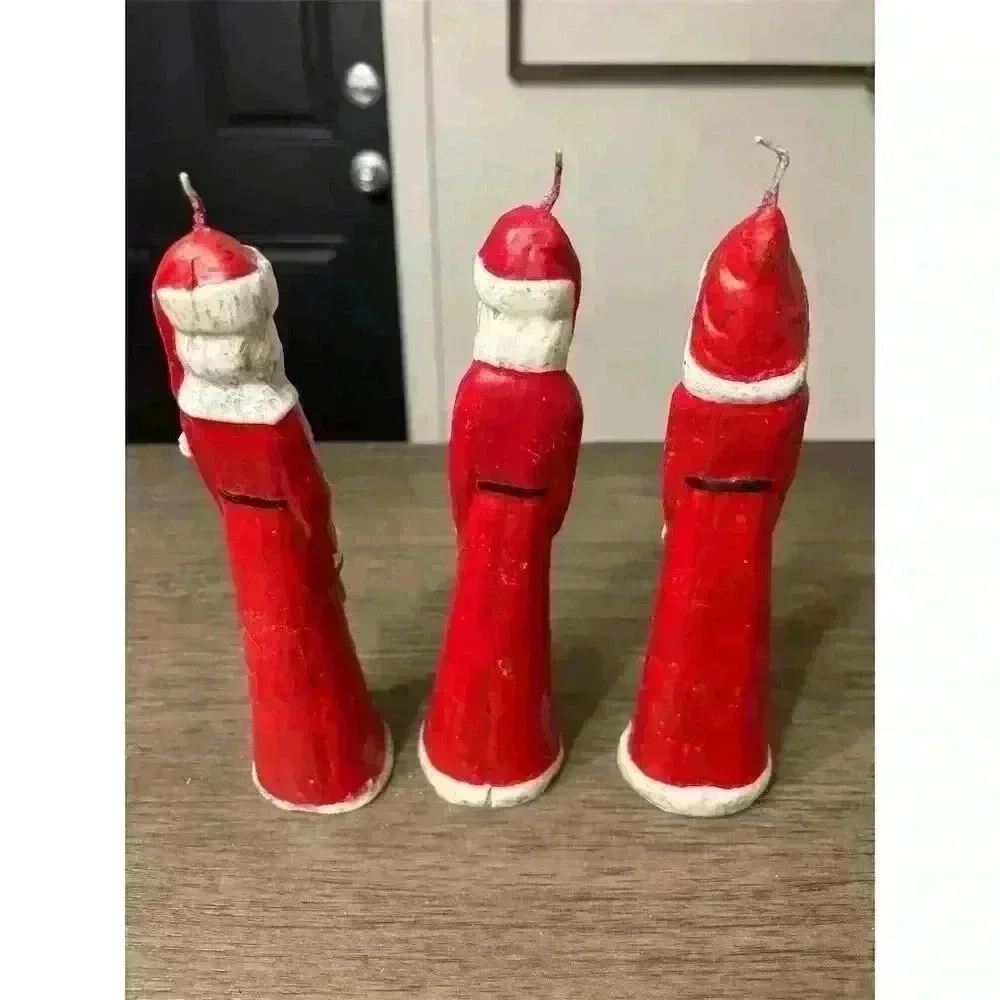 Vintage Set of 3 tall Santa Folk Art Wax Holiday Candles Christmas